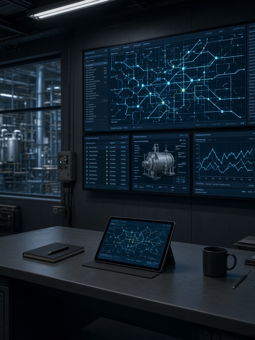 Industrial control room screens showing sensor maps