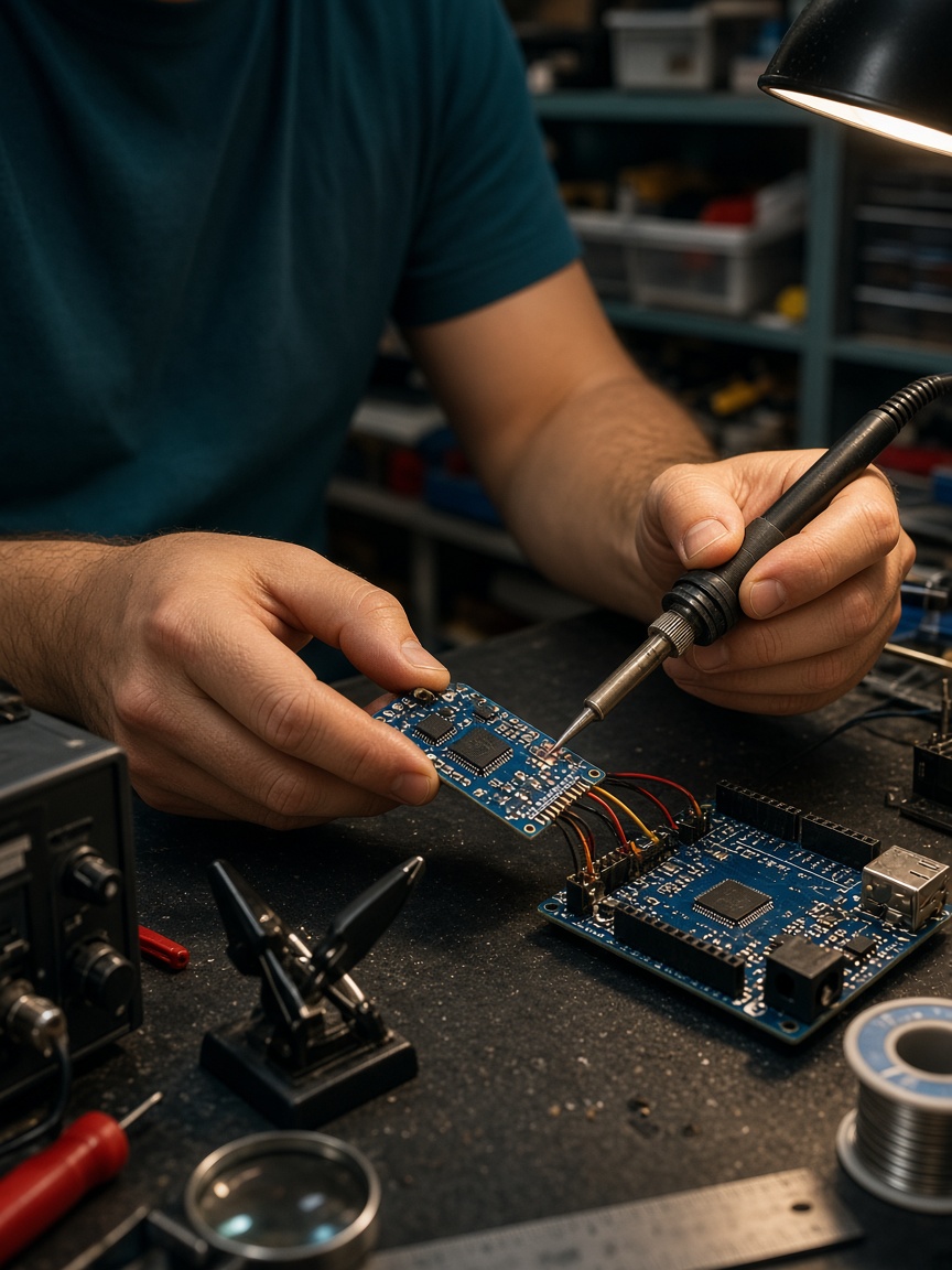 Hands assembling a sensor module on a workbench