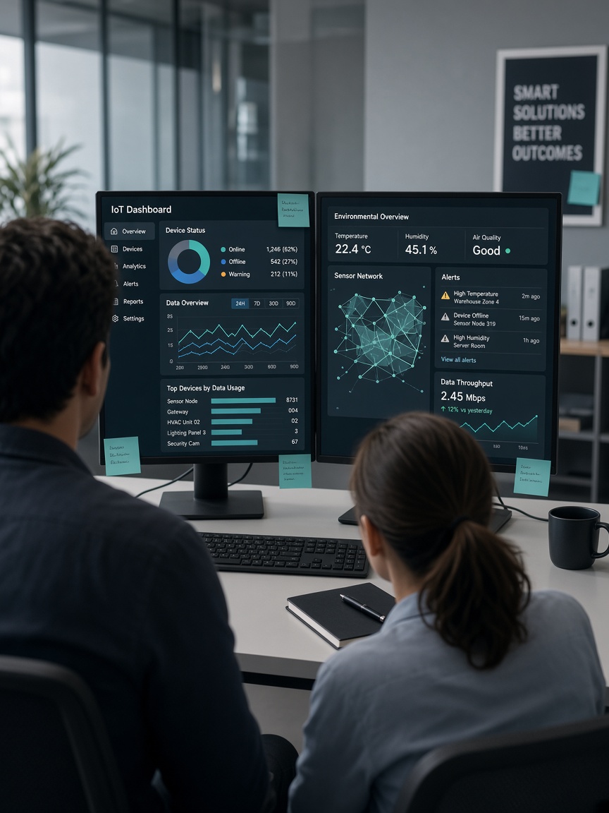 Colleagues reviewing IoT dashboards on dual monitors