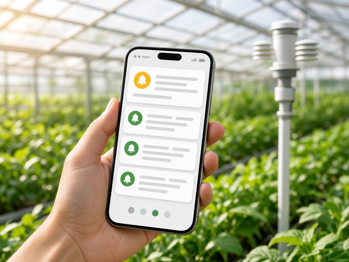 Illustration of a phone receiving IoT alert notifications in a greenhouse