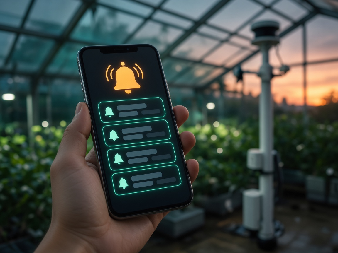 Illustration of a phone receiving IoT alert notifications in a greenhouse