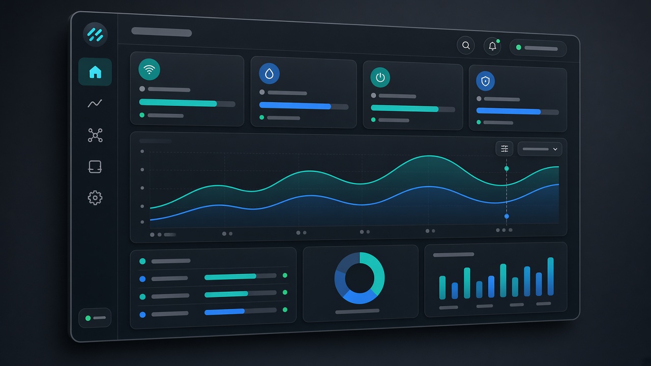 Illustration of an IoT analytics dashboard with a live history chart